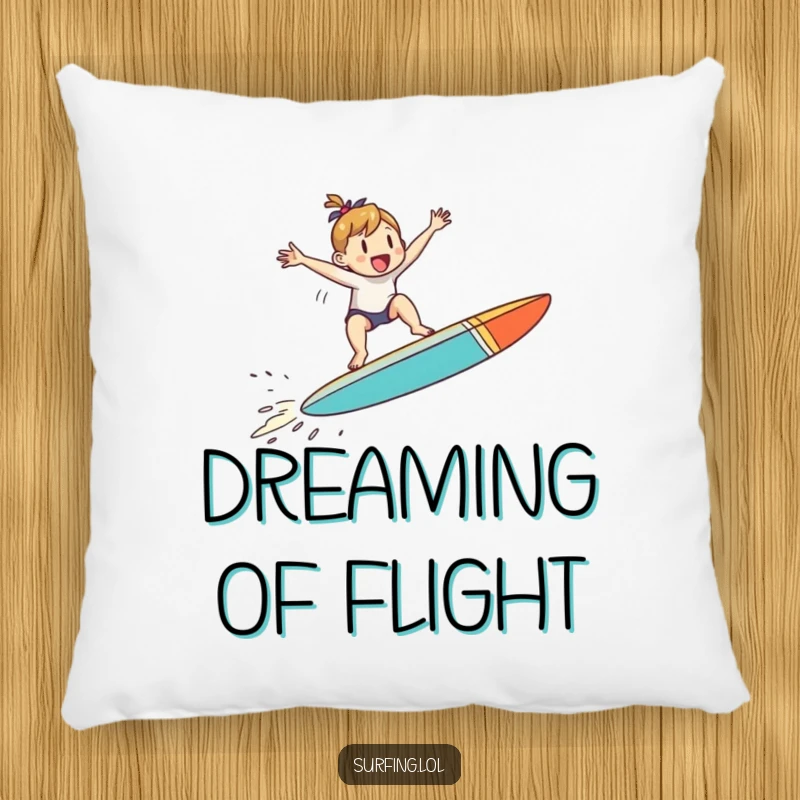 Funny pillow featuring a small character jumping with joy on a surfboard mid-air, perfect for adding funny excitement.