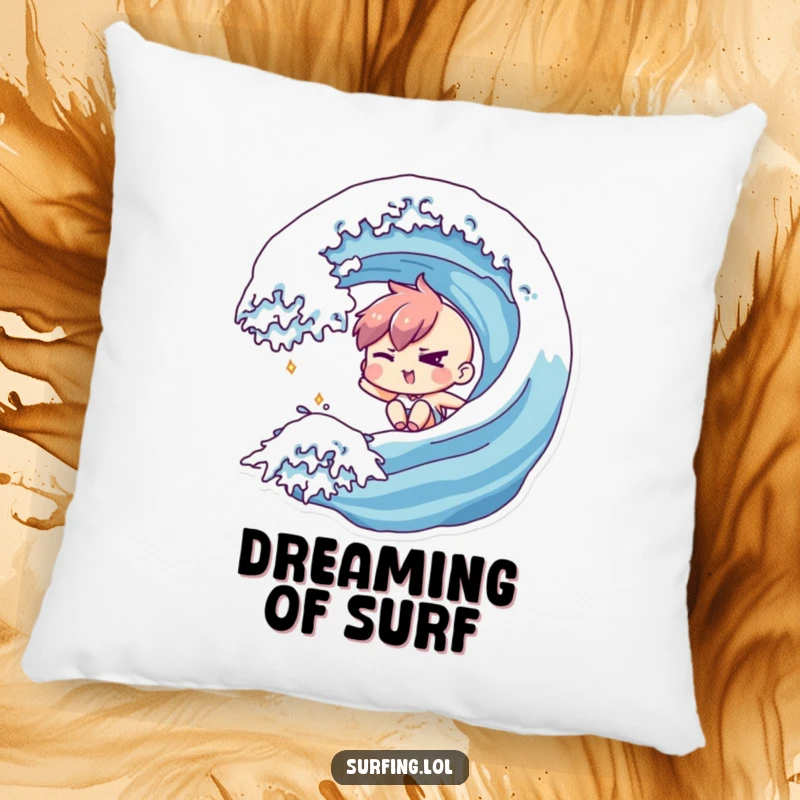 Funny pillow showcasing a character winking slyly while riding down a wave, adding a touch of playful mischief and comfort.