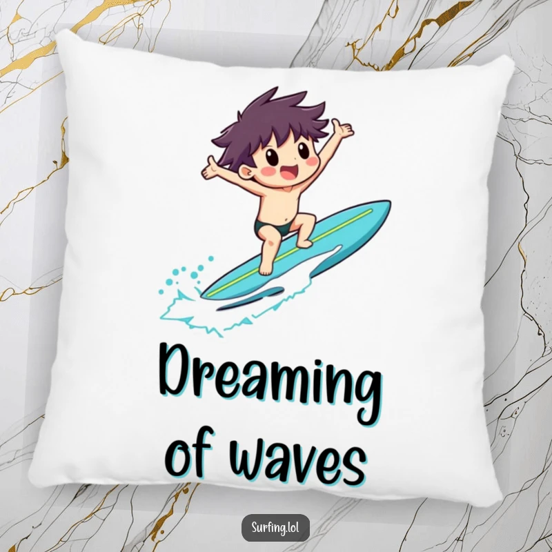 Funny pillow showing a surfer riding a surfboard with arms outstretched in exultation, perfect for beachy decor.