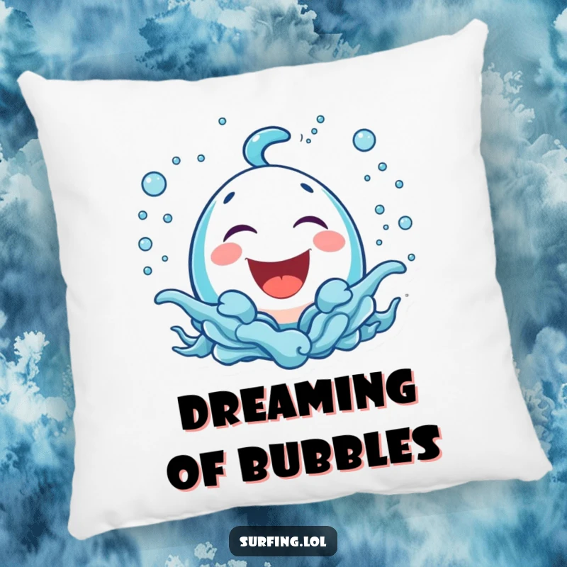 Funny pillow featuring a bubbly icon laughing surrounded by playful sea spray, perfect for adding funny, cheerful comfort.