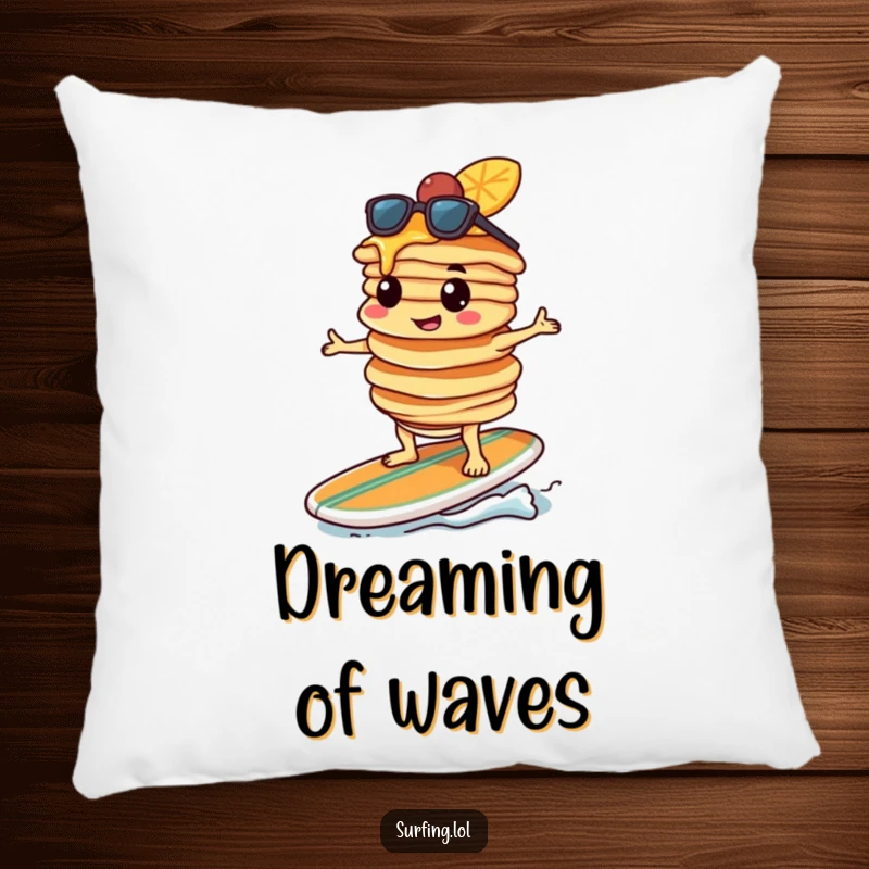 Funny pancake character, determined, balancing pancakes on a surfboard, lounging on a comfy pillow, humorous and plush.