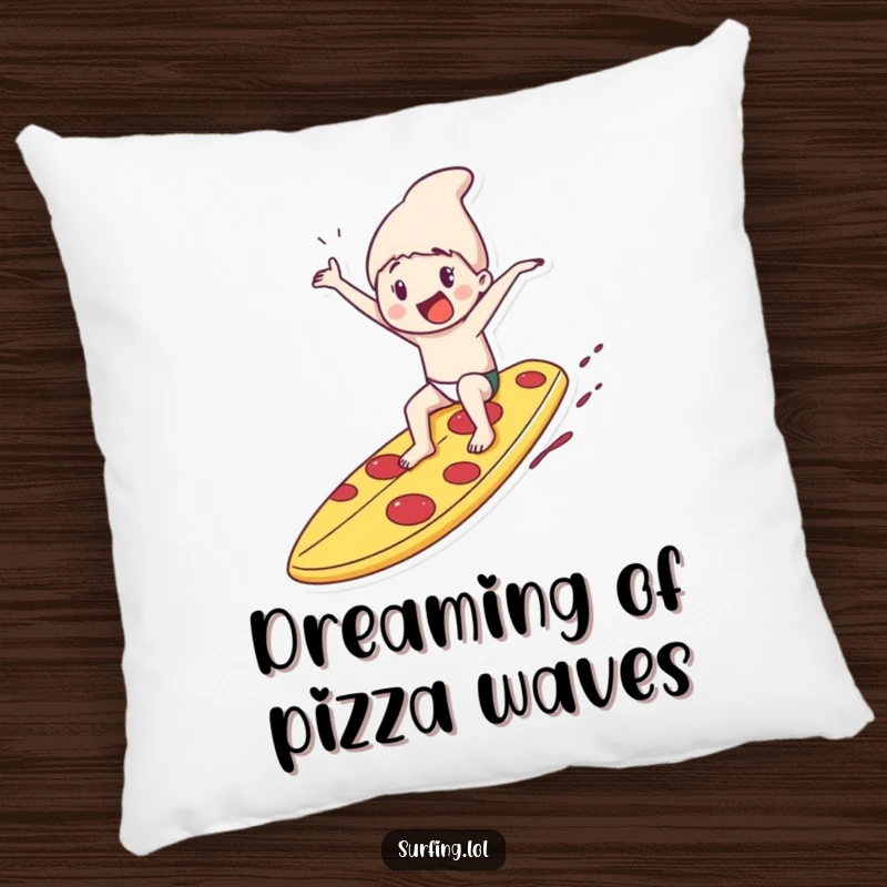 Funny pillow featuring a character relaxed on a giant pizza slice surfboard, radiating comfort, humor, and a love for snacks.