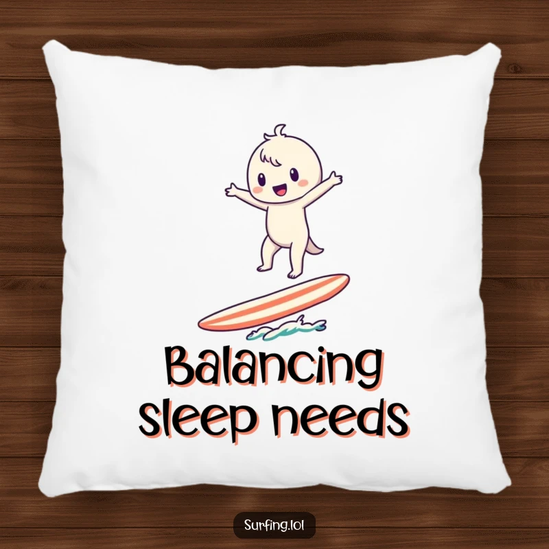 Funny Surfer Character Pillow: A cute character balances on a surfboard, arms outstretched, offering comfort.