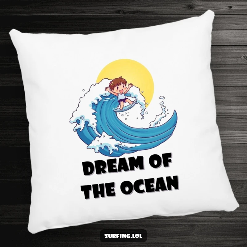 Funny pillow showing a cute character surfing a big sunny wave, perfect for adding funny, beachy comfort.