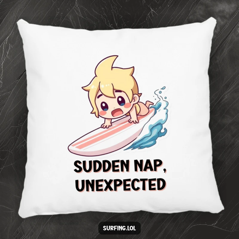 Funny pillow featuring a character diving headfirst off a surfboard with a surprised gasp.