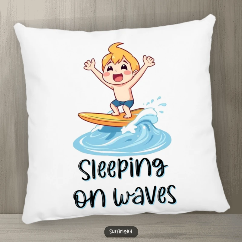 Funny pillow showcasing a surfer joyfully popping out of the water on a surfboard, shouting exuberantly, adding coastal humor.