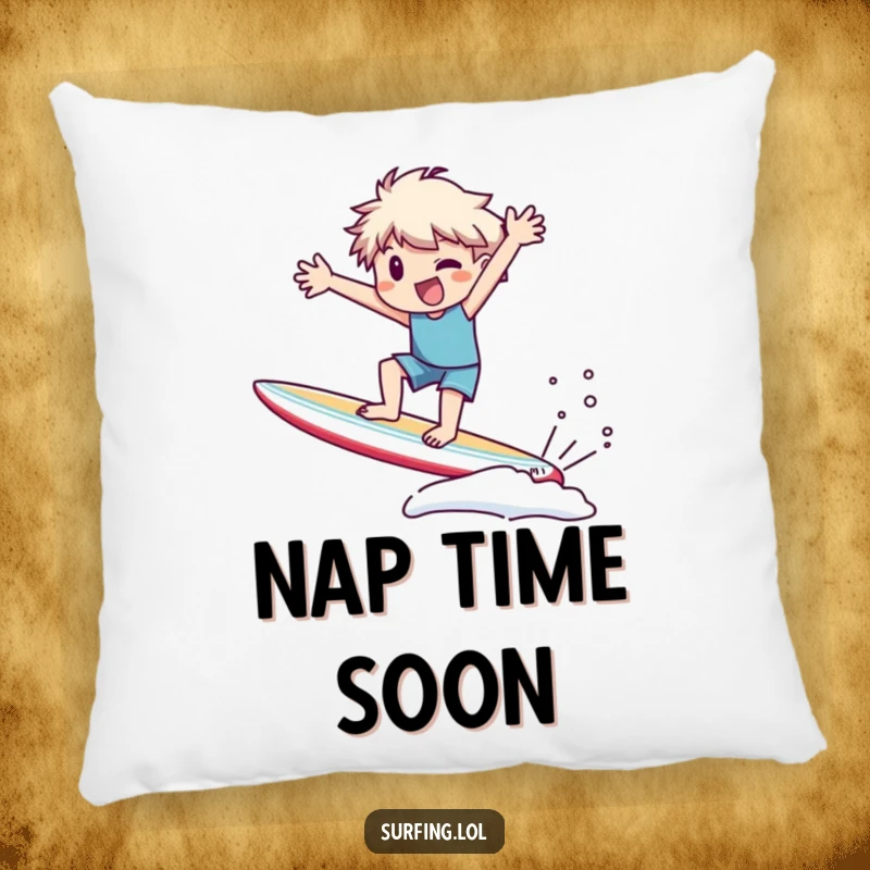Funny Pillow: Character precariously wobbling on a surfboard with arms flailing, bringing cozy, humorous chaos to any room.