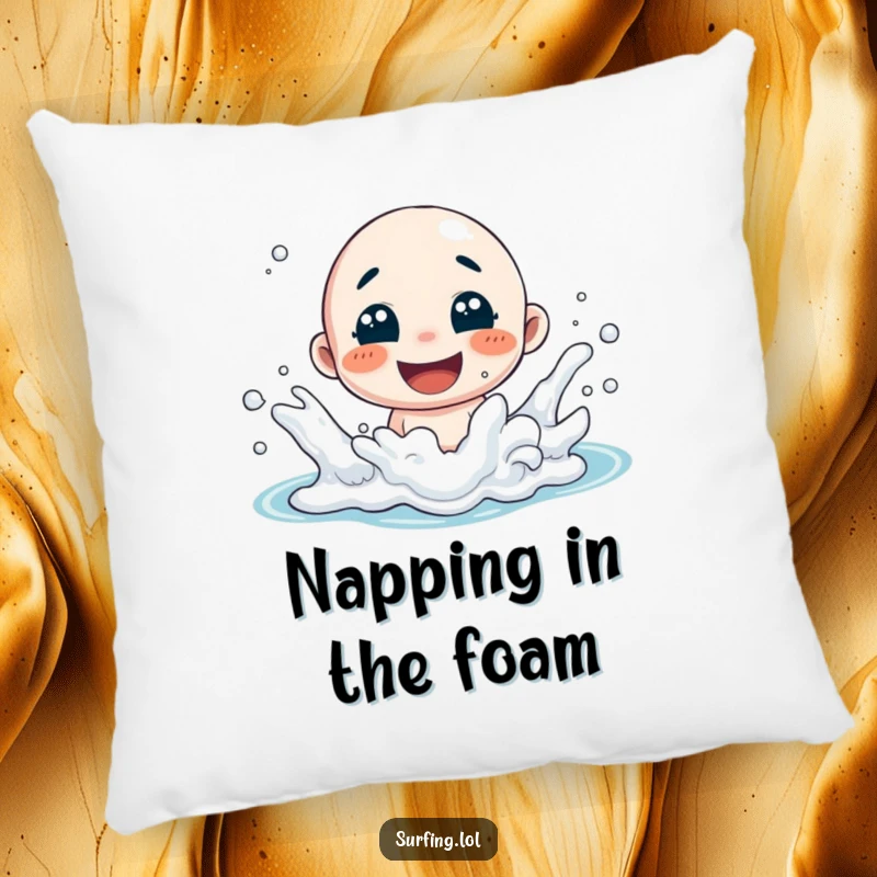 Funny pillow showing a character playfully splashing in ocean foam with a huge smile, offering comfort and beachy cheer.