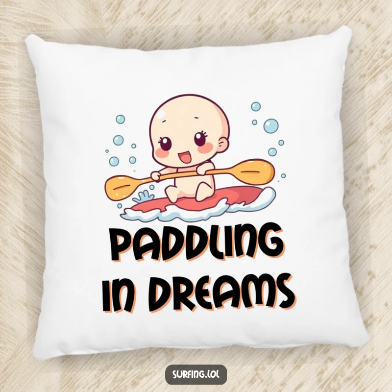 Funny pillow featuring a character paddling furiously, leaving a trail of excited, happy bubbles.