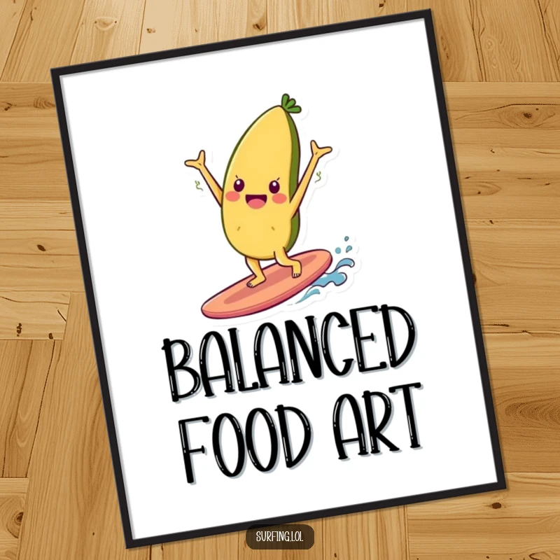 Funny digital art print of a cheerful food item character performing a handstand on a surfboard, conveying playful energy and joy.
