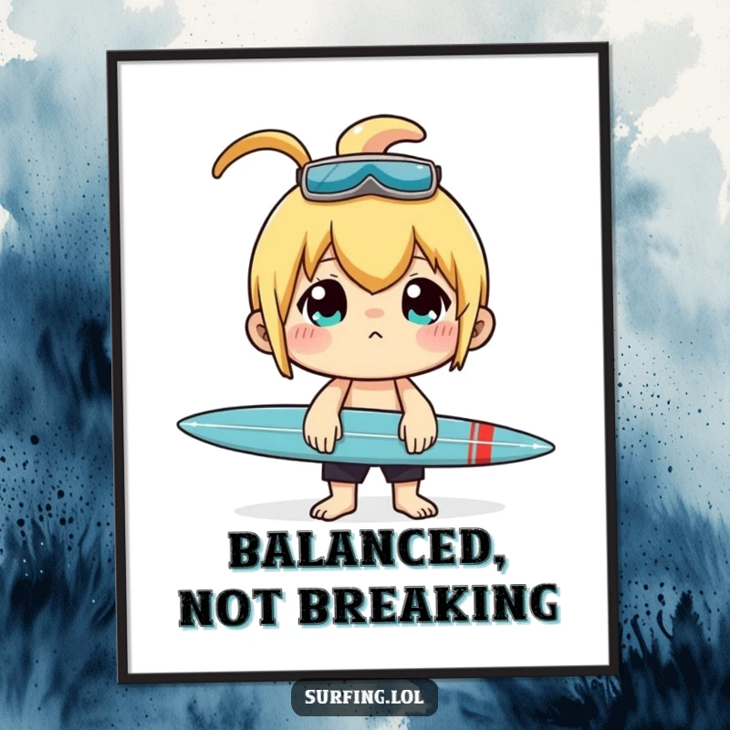 Funny digital art print of a character intensely concentrating while balancing a surfboard on their nose.