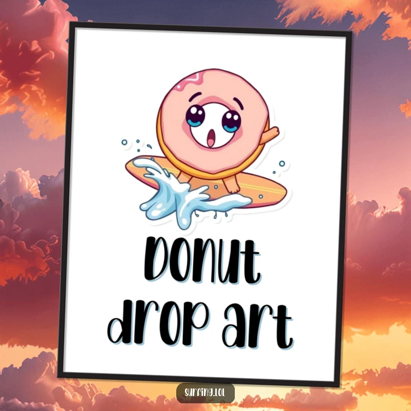 Funny digital art print of a surprised donut character falling off a surfboard with a splash, conveying playful beach humor.