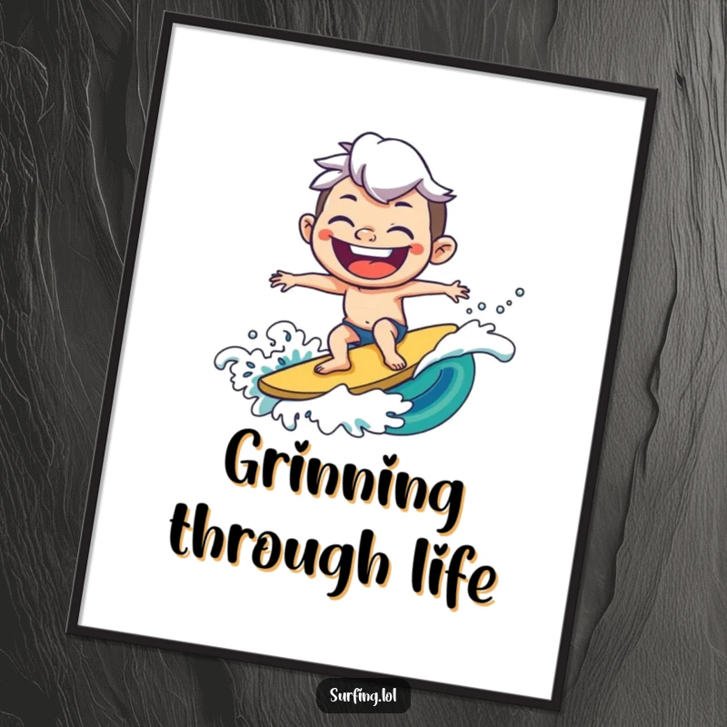 Funny digital art print of a joyful character surfing a wave with a massive, goofy grin, perfect for screensavers or printable art.