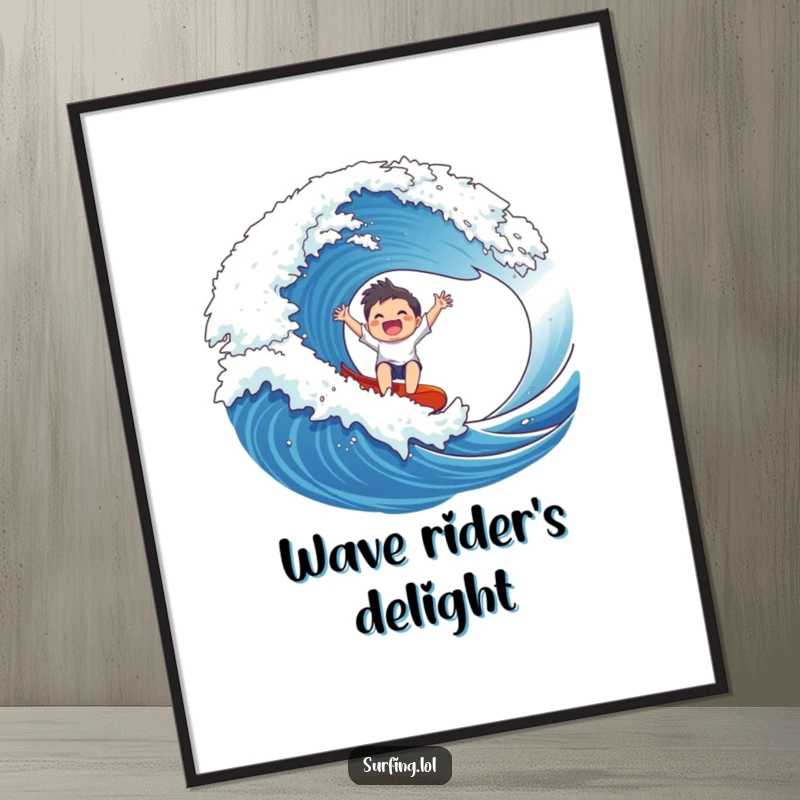 Funny Wave Rider Digital Art Print: A gleeful character rides a massive wave with arms outstretched in pure excitement.