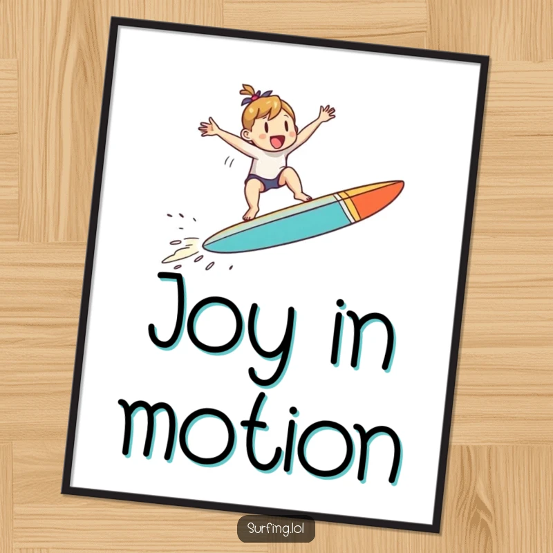 Funny digital art print of a small character jumping with joy on a surfboard mid-air, perfect for instant, funny surf decor.