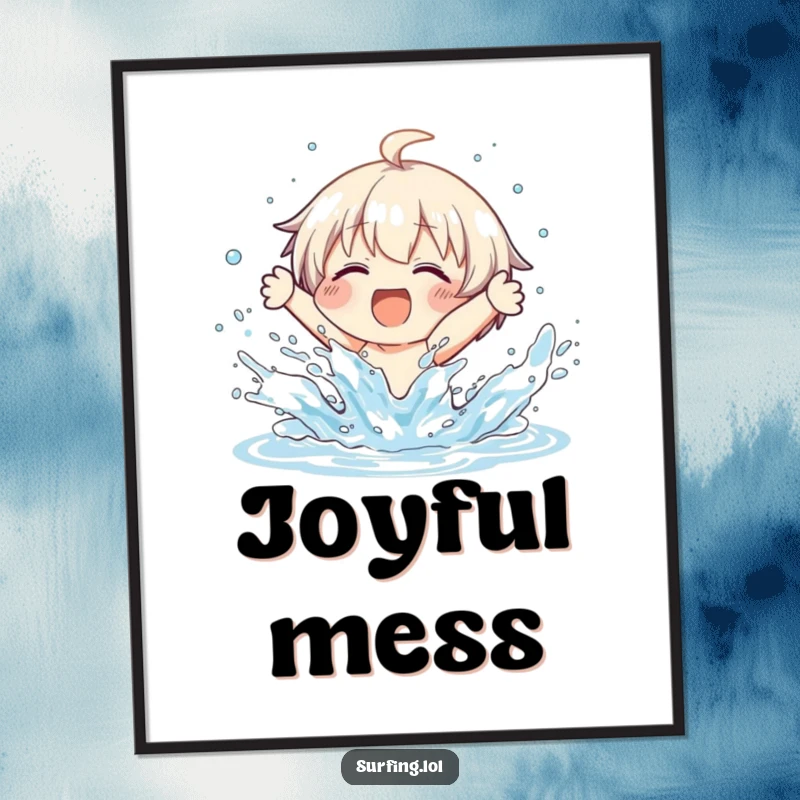 Funny digital art print of a character joyfully wiping out on a surfboard, with water splashing everywhere, for fun decor.