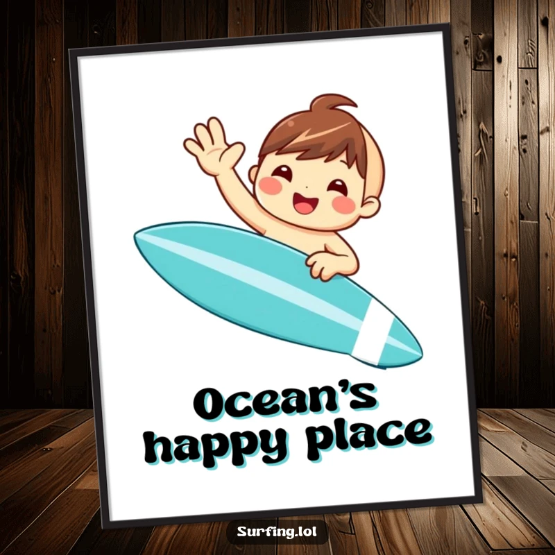 Funny digital art print of a cute, smiling character waving from a surfboard, perfect for instant download and adding beachy humor to any screen.
