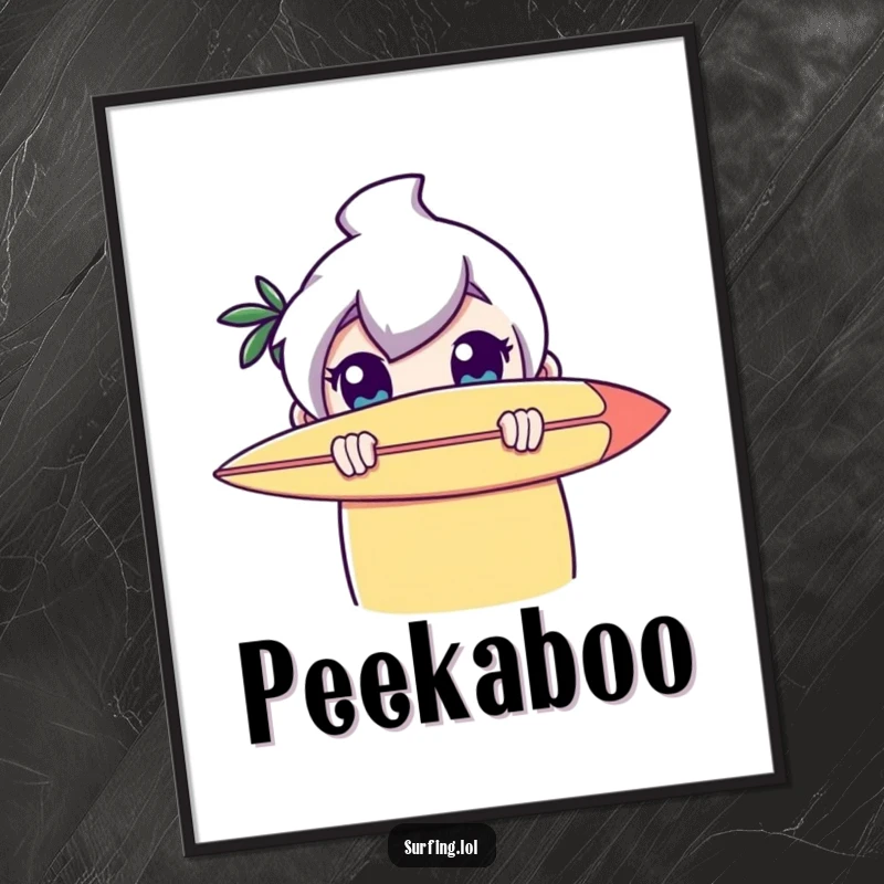 Funny digital art: A character peeking with large, wide eyes from behind a surfboard, embodying playful shyness and beachy charm.