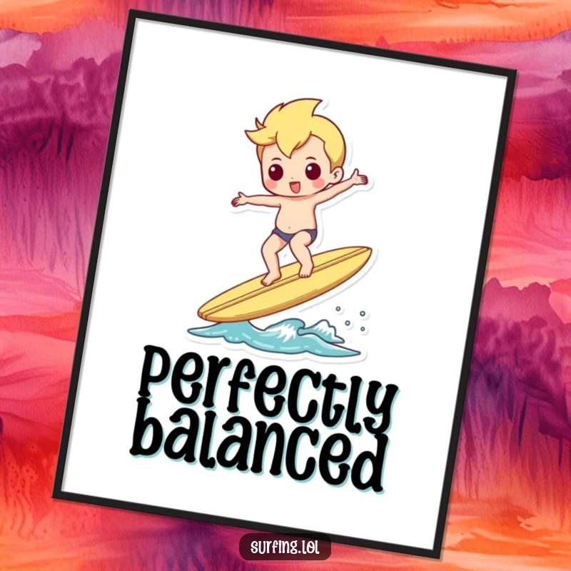 Funny digital art print of a surfer perfectly balancing on a surfboard, doing a little shimmy, for stylish decor.