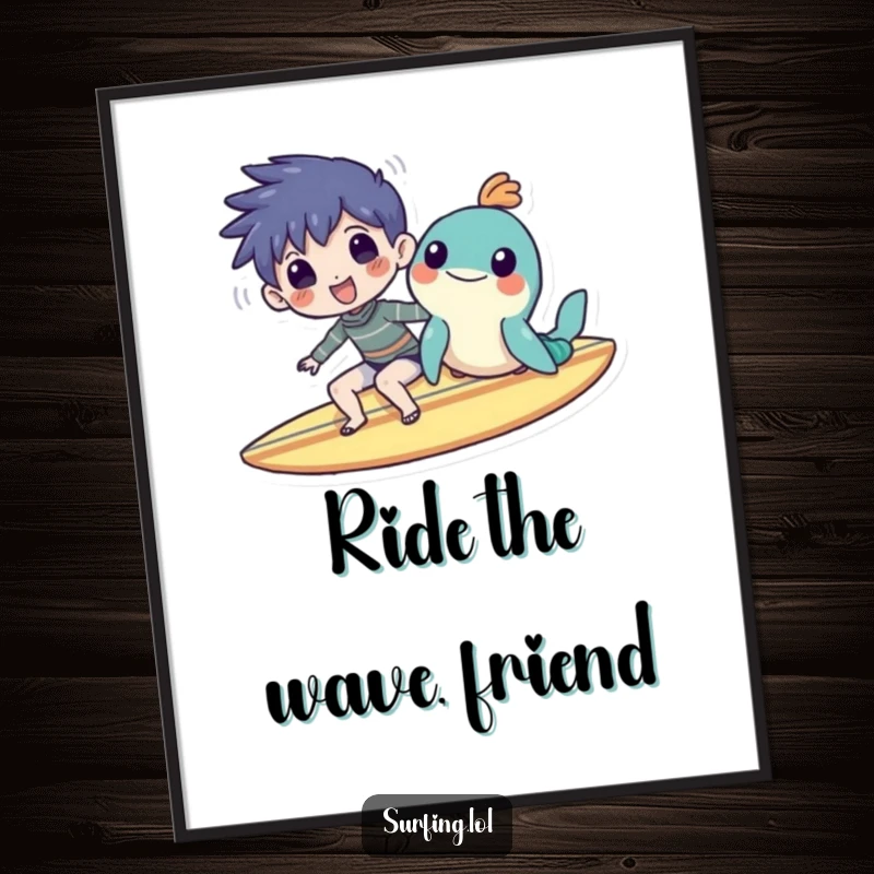 Funny digital art print of a character and sea creature sharing a surfboard with huge smiles, perfect for instant humorous home decor.