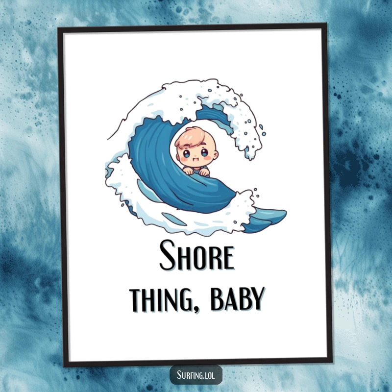 Funny digital art print of a tiny character with curious excitement emerging from a crashing ocean wave, a vibrant scene.