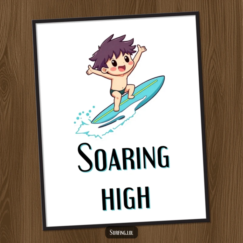 Funny digital art print of a surfer riding a surfboard with arms outstretched in exultation, for beach-themed decor.