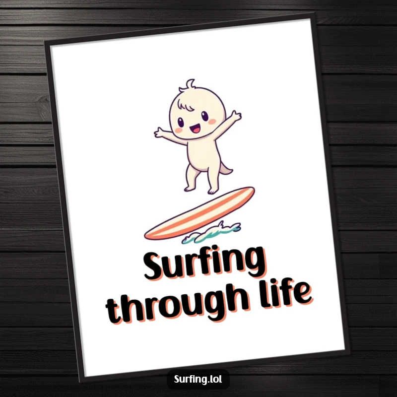 Funny Surfer Character Digital Art Print: A cute character balances precariously on a surfboard with arms wide.