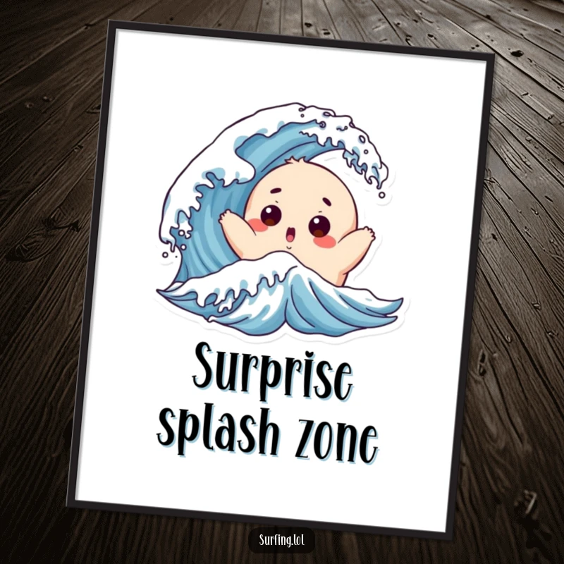 Funny Chubby Surfer Digital Art Print: A chubby character with a surprised face is tossed by a playful wave.