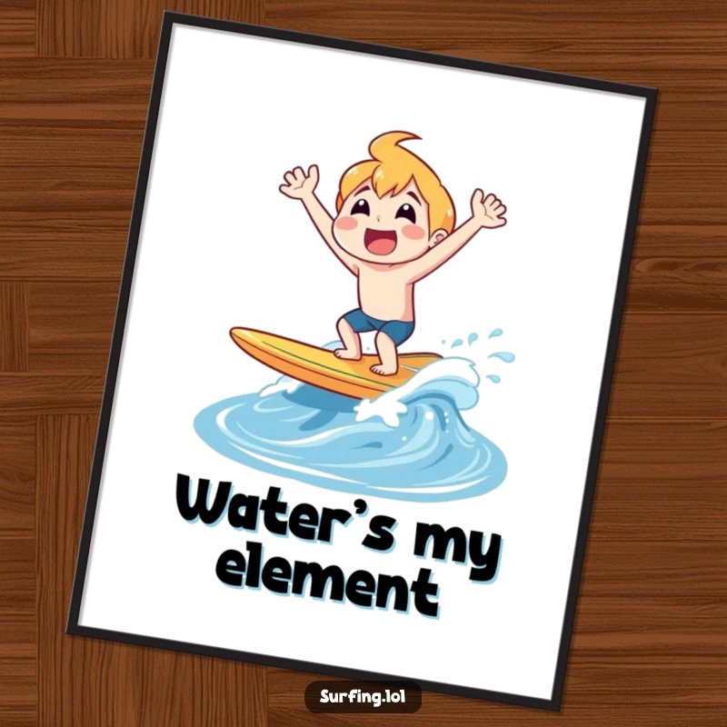 Funny digital art print capturing a surfer joyfully shouting as they pop out of the water on a surfboard, full of energy.