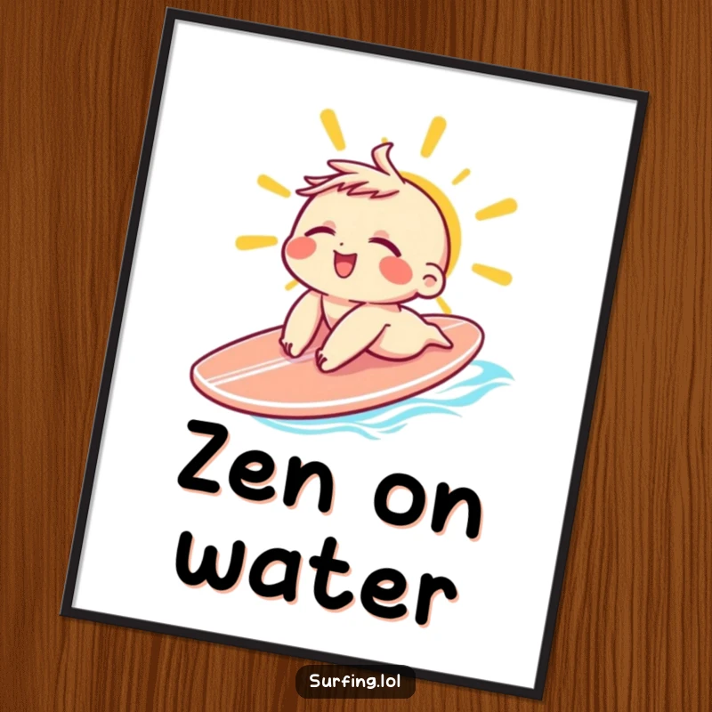 Funny Sunbathing Character Digital Art: Small character sunbathing on a surfboard with eyes closed and a relaxed grin, perfect funny gift.
