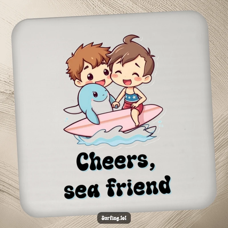 Funny drink coasters featuring a person teaching a sea creature to surf, protecting tables with ocean humor and charming design.