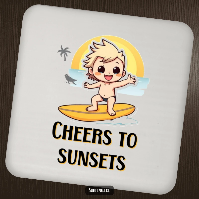 Funny drink coaster showing a character in a cool surf pose against a sunset, protecting surfaces with a touch of beachy elegance.