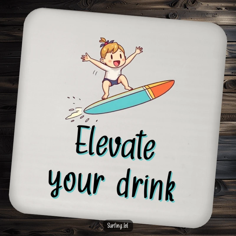 Funny coaster showing a small character jumping with joy on a surfboard mid-air, perfect for adding funny surf flair.