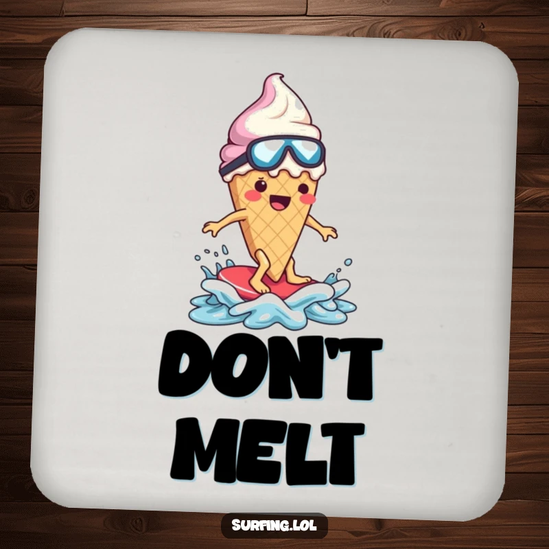 Funny ice cream cone character, melting dramatically, surfing, protecting a drink, humorous coaster design.