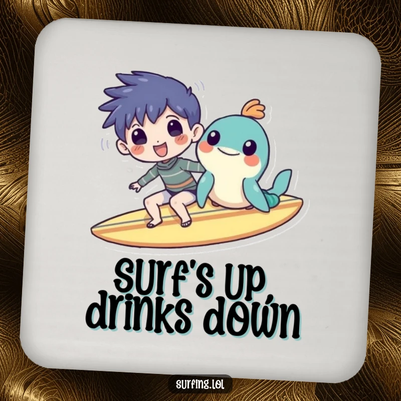 Funny drink coasters featuring a character and sea creature sharing a surfboard – stylish protection with a humorous beach vibe.