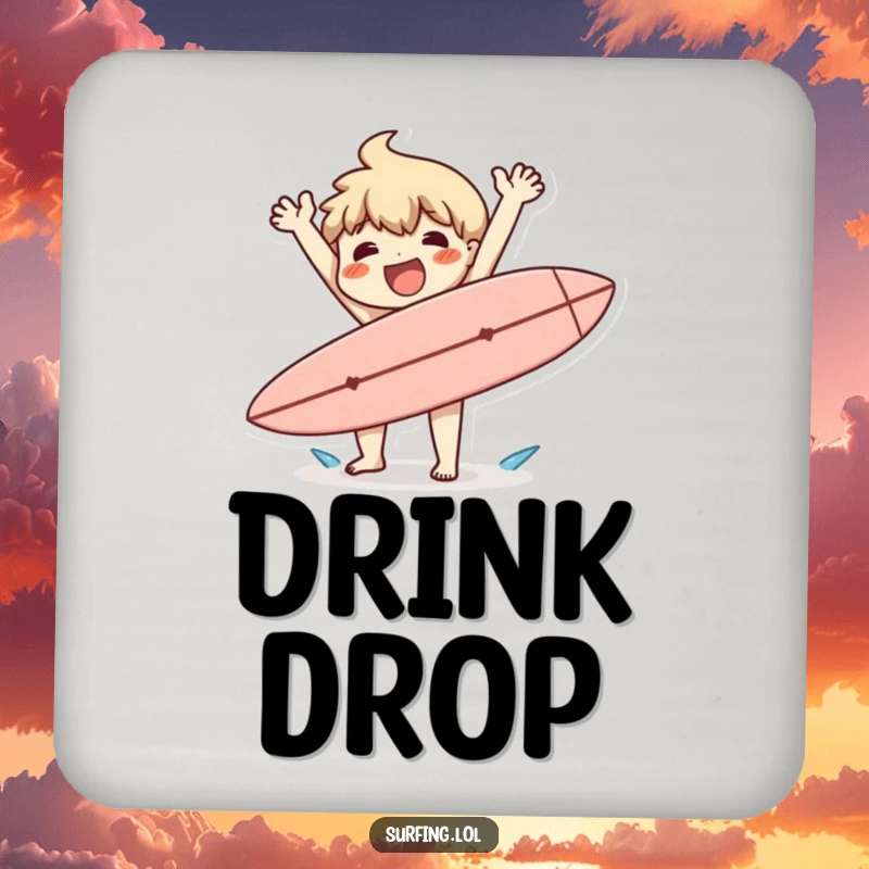 Funny drink coasters with a character happily flailing arms after a clumsy surfboard drop, bringing seaside humor.