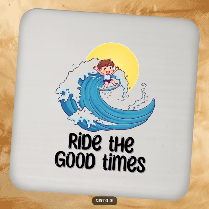 Funny coaster showing a cute character riding a giant sunny wave, perfect for adding funny beach flair to any surface.