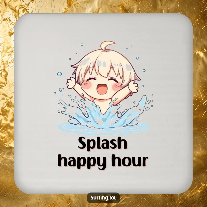 Funny drink coaster with a character joyfully wiping out on a surfboard, water splashing everywhere, protecting furniture.
