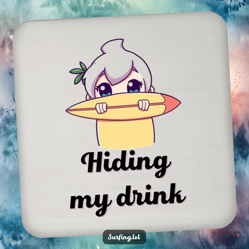Funny drink coasters with a character peeking with wide eyes from behind a surfboard, adding a touch of shy humor.