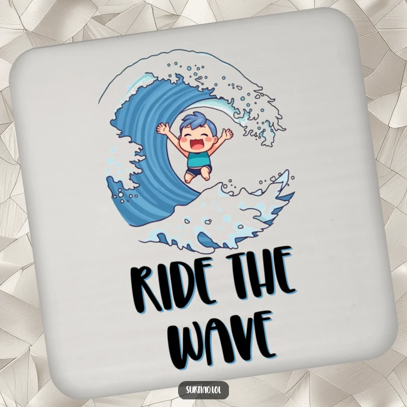 Funny Drink Coaster showing a cute character with a triumphant grin riding a giant wave, designed to protect tables.