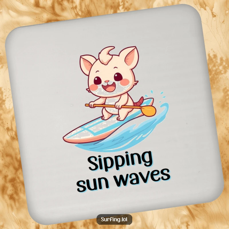 Funny drink coaster featuring a sweet creature with a wide, happy grin, paddling a surfboard.
