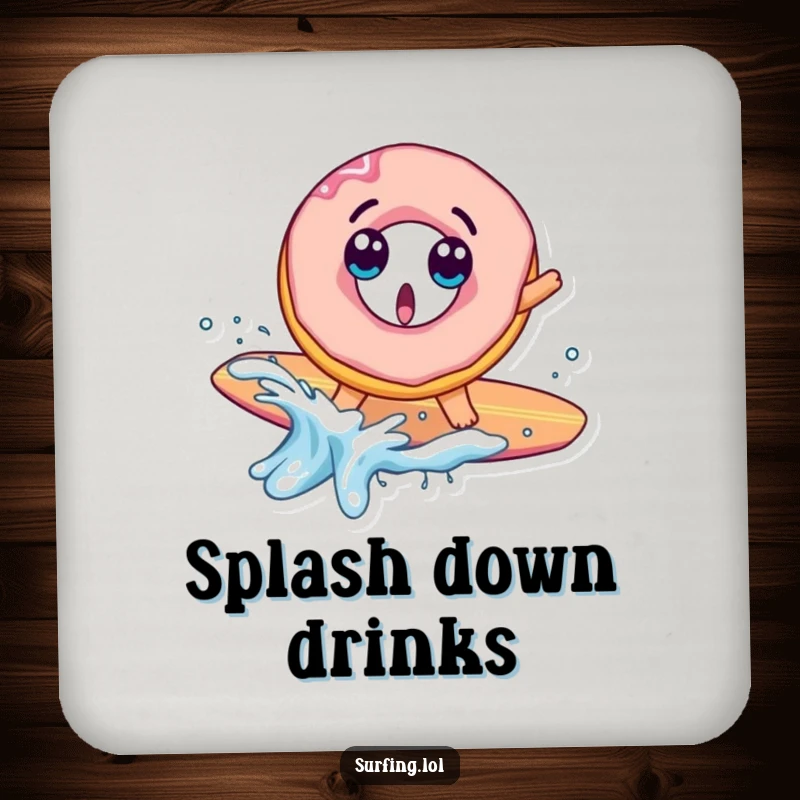 Funny drink coaster featuring a surprised donut character falling off a surfboard with a splash, adding humorous protection to tables.
