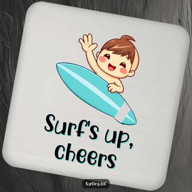 Funny drink coasters featuring a cute, smiling character waving from a surfboard, protecting tables with beachy humor and cheerful design.