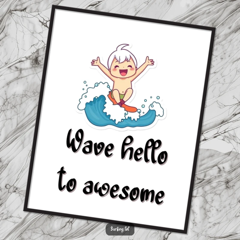 Funny Poster: Dynamic illustration of a character riding a powerful wave with arms outstretched, conveying immense happiness and freedom.
