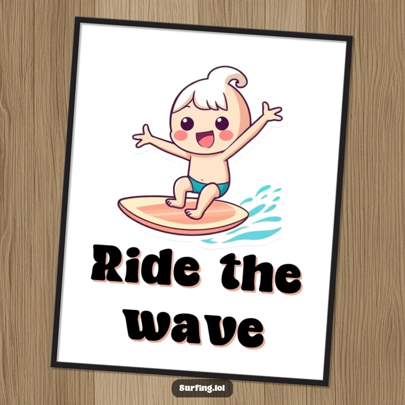 Funny kawaii character gleefully riding a surfboard with arms outstretched, a colourful surf art print, great funny gift.