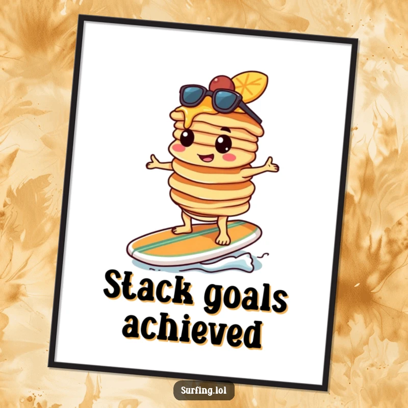 Funny pancake character, determined, balancing pancakes on a surfboard, riding a giant wave, vibrant and humorous surf art poster.