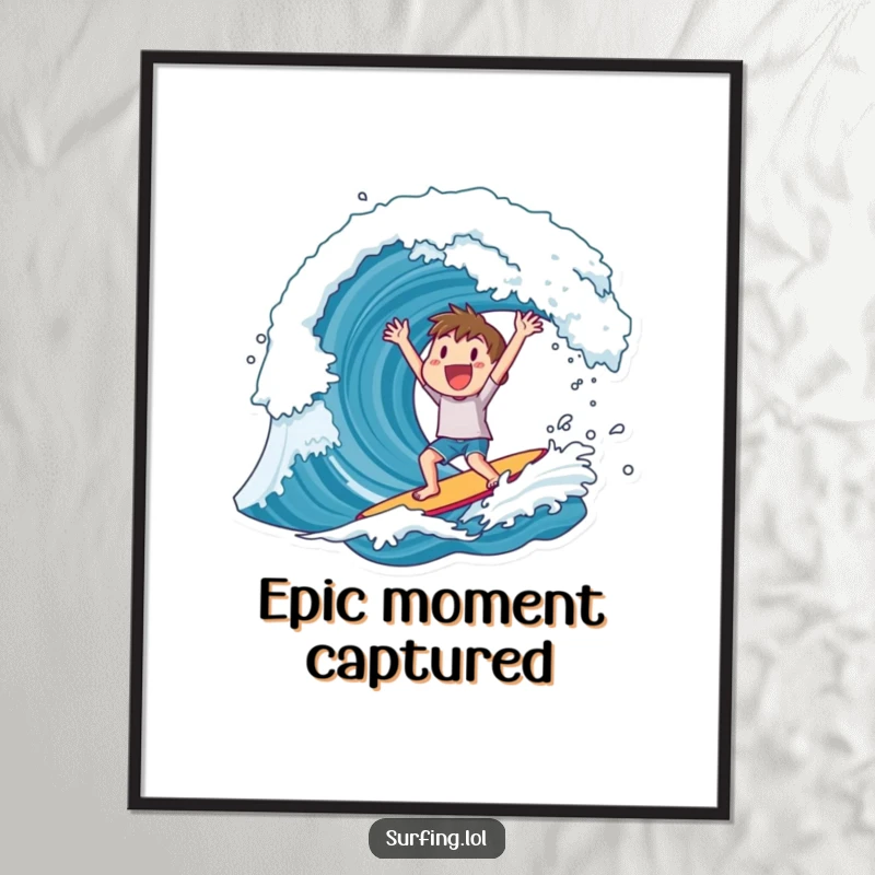 Funny poster depicting a character joyfully cheering after riding a giant wave, a symbol of epic water sports.