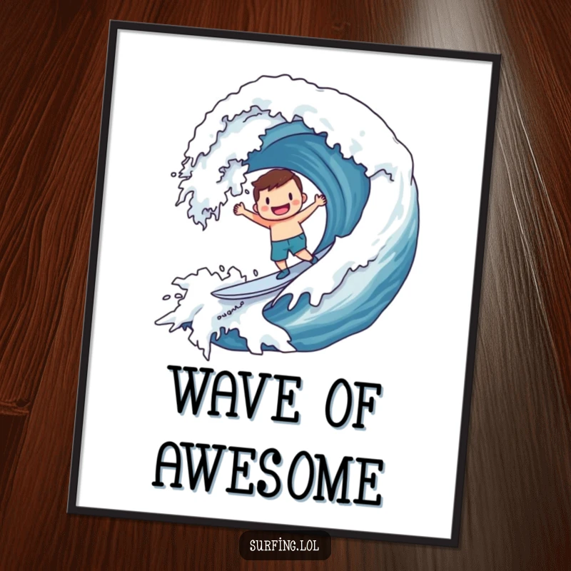 Funny Poster: Character joyfully surfing a massive wave adorned with a smiley face, a vibrant depiction of thrilling, humorous ocean art.