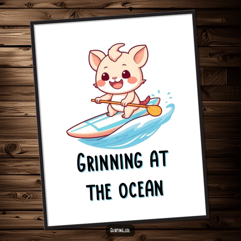 Funny poster displaying a sweet creature with an ecstatic grin, expertly paddling a surfboard on a vibrant ocean.