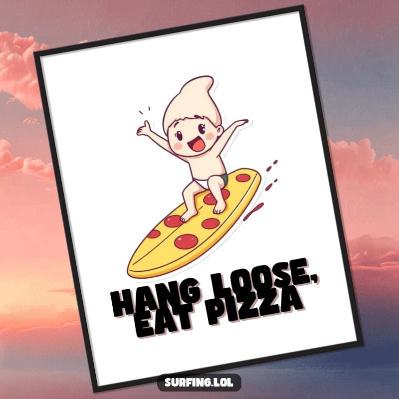 Funny poster depicting a character joyfully riding a giant pizza slice surfboard, capturing a moment of extreme, cheesy, and adventurous fun.